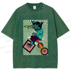 Unisex Funny Cat Riding a Bike Printed Washed Tee