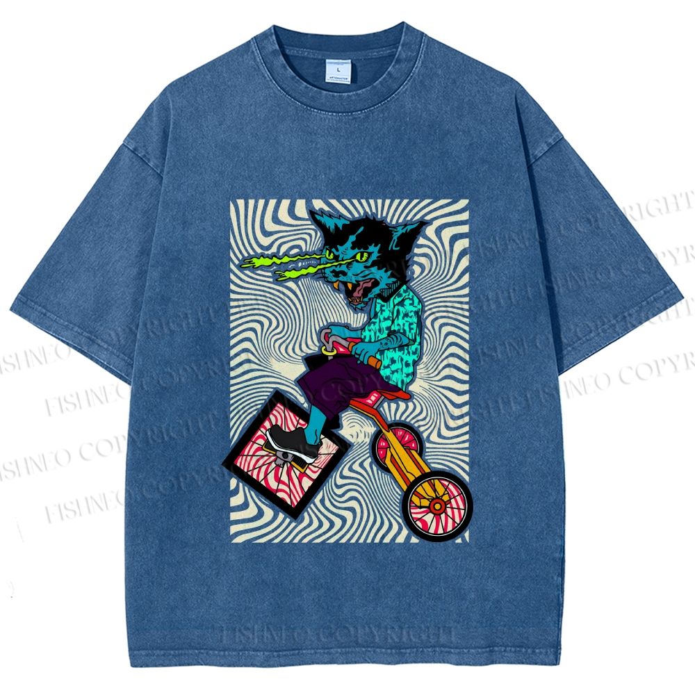 Unisex Funny Cat Riding a Bike Printed Washed Tee