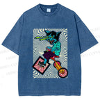 Unisex Funny Cat Riding a Bike Printed Washed Tee