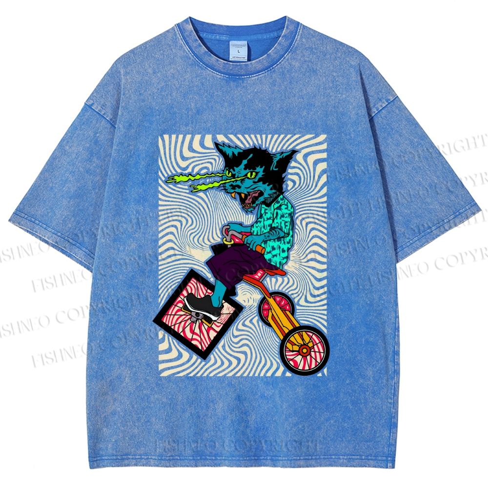 Unisex Funny Cat Riding a Bike Printed Washed Tee