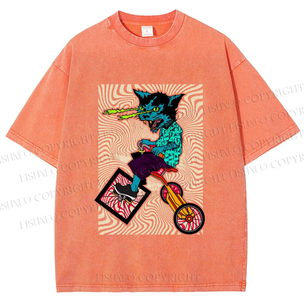 Unisex Funny Cat Riding a Bike Printed Washed Tee