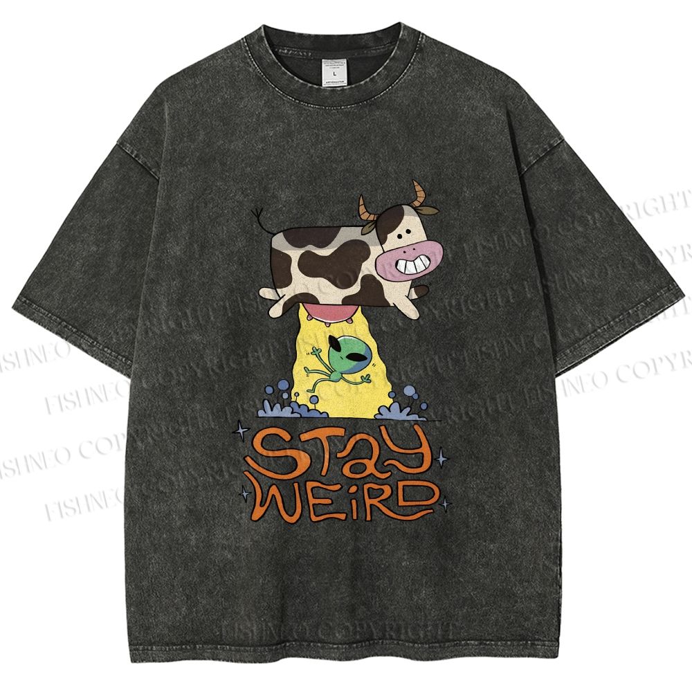 Unisex Stay Weird Cow Taking a ET Printed Washed Tee