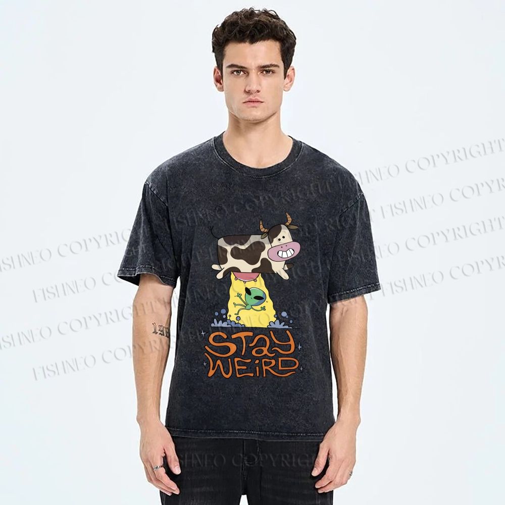 Unisex Stay Weird Cow Taking a ET Printed Washed Tee