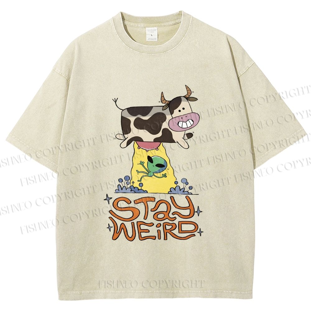Unisex Stay Weird Cow Taking a ET Printed Washed Tee