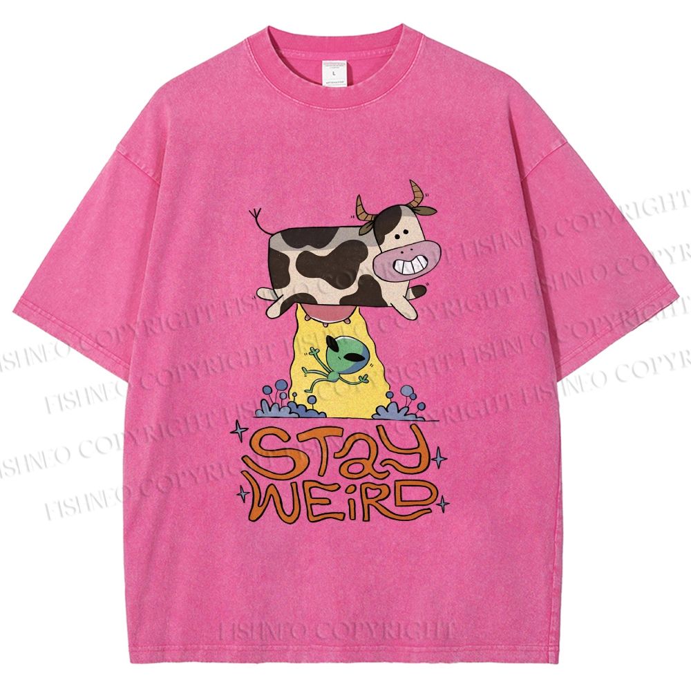 Unisex Stay Weird Cow Taking a ET Printed Washed Tee