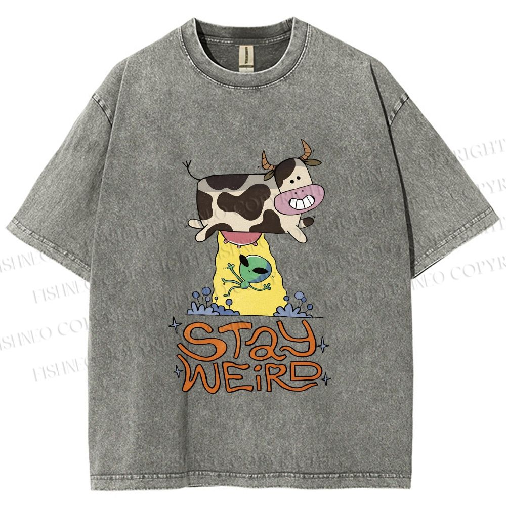 Unisex Stay Weird Cow Taking a ET Printed Washed Tee