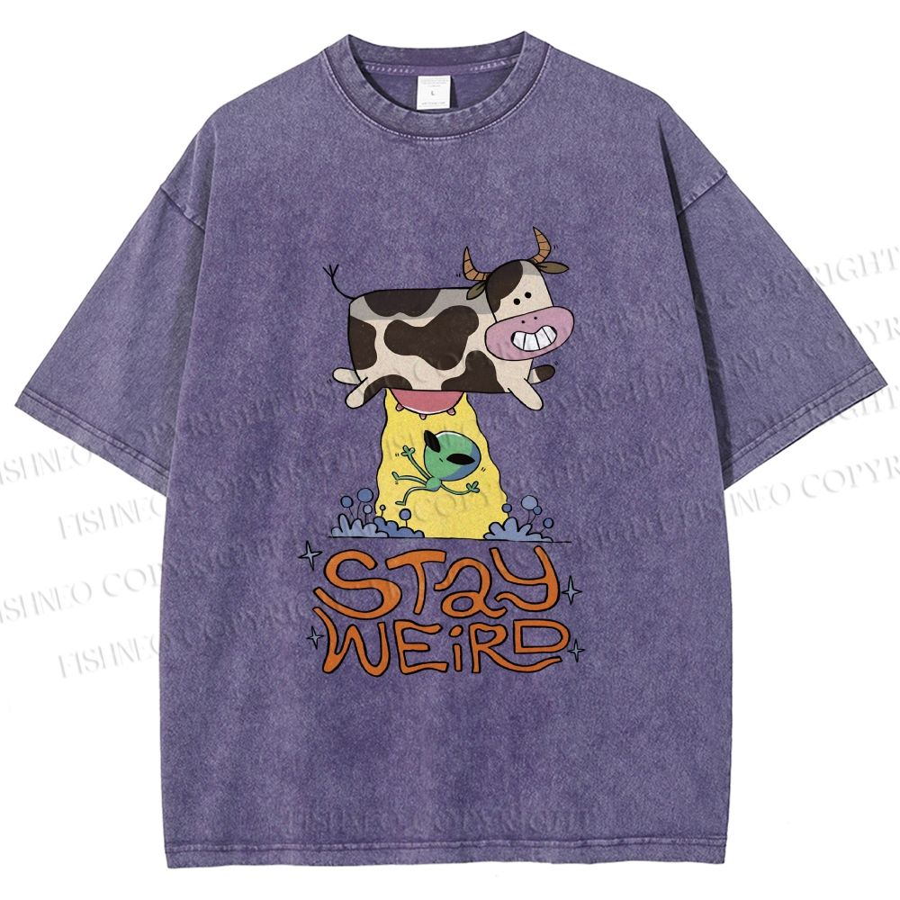 Unisex Stay Weird Cow Taking a ET Printed Washed Tee