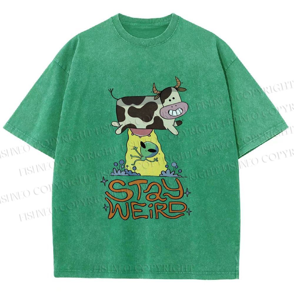Unisex Stay Weird Cow Taking a ET Printed Washed Tee