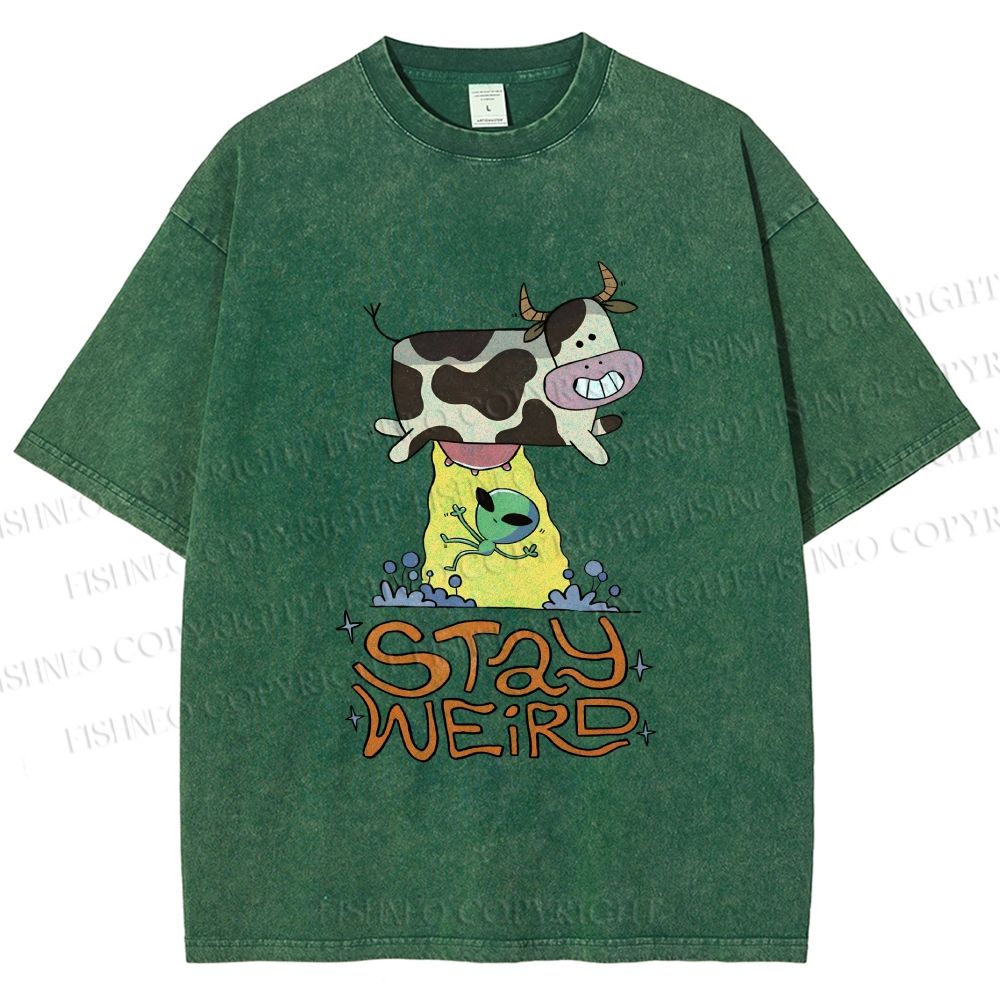 Unisex Stay Weird Cow Taking a ET Printed Washed Tee