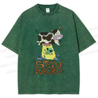 Unisex Stay Weird Cow Taking a ET Printed Washed Tee