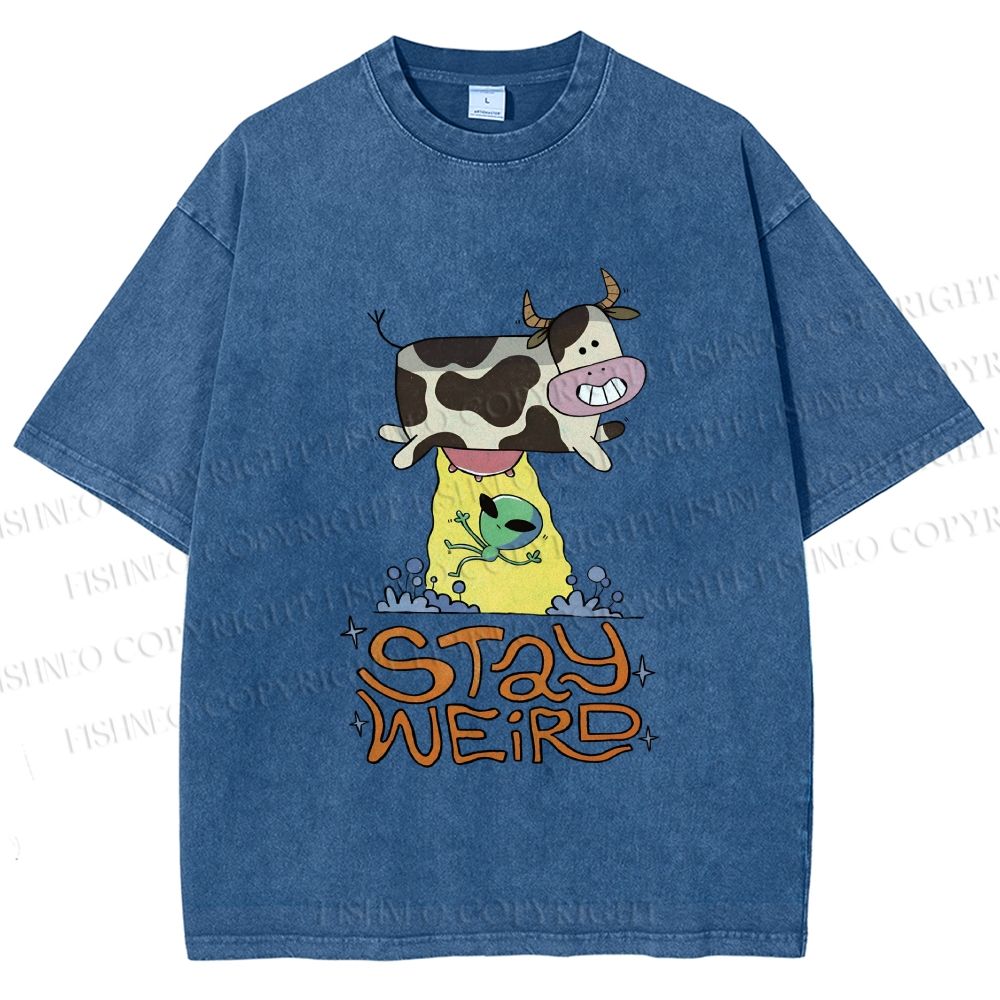Unisex Stay Weird Cow Taking a ET Printed Washed Tee