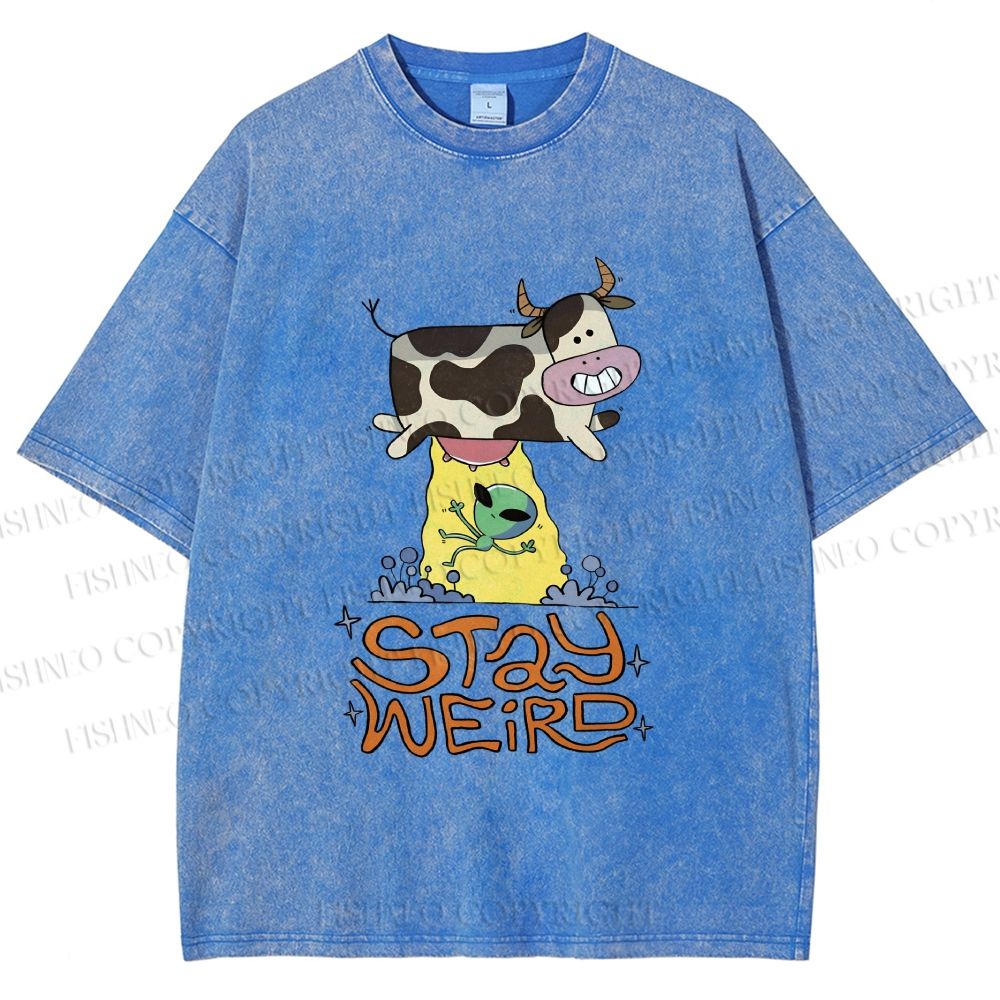 Unisex Stay Weird Cow Taking a ET Printed Washed Tee