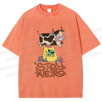 Unisex Stay Weird Cow Taking a ET Printed Washed Tee