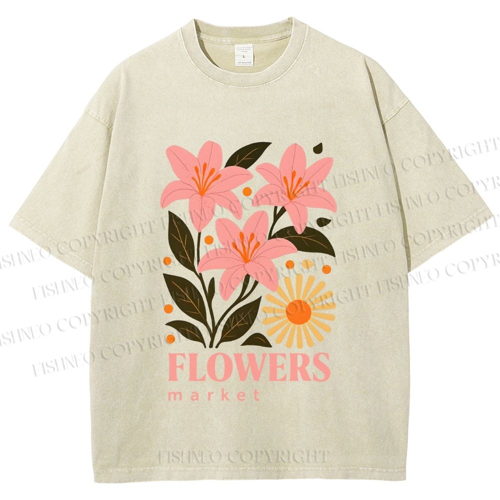 Unisex Lily Flowers Market Printed Washed Tee