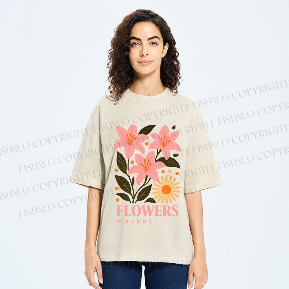 Unisex Lily Flowers Market Printed Washed Tee