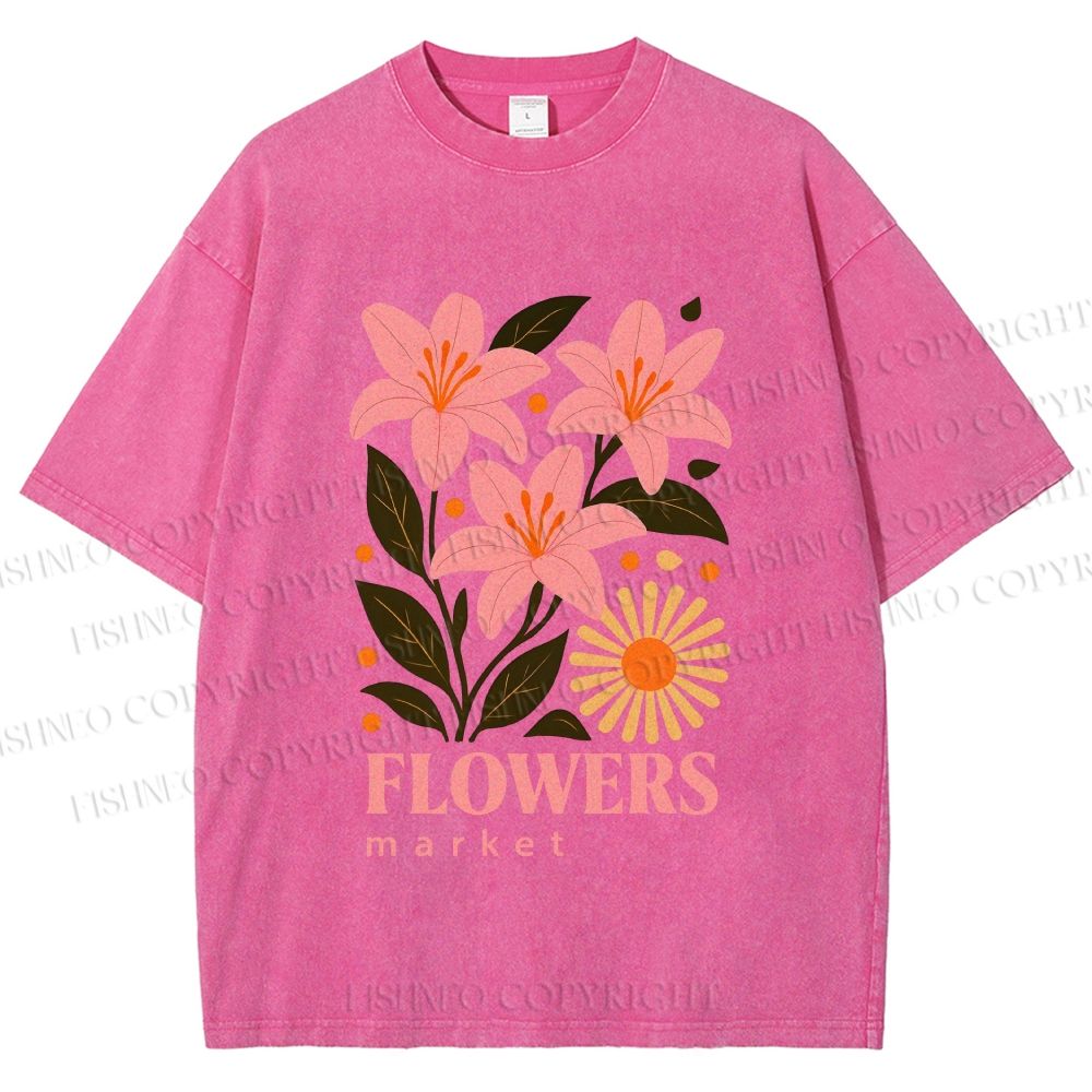 Unisex Lily Flowers Market Printed Washed Tee