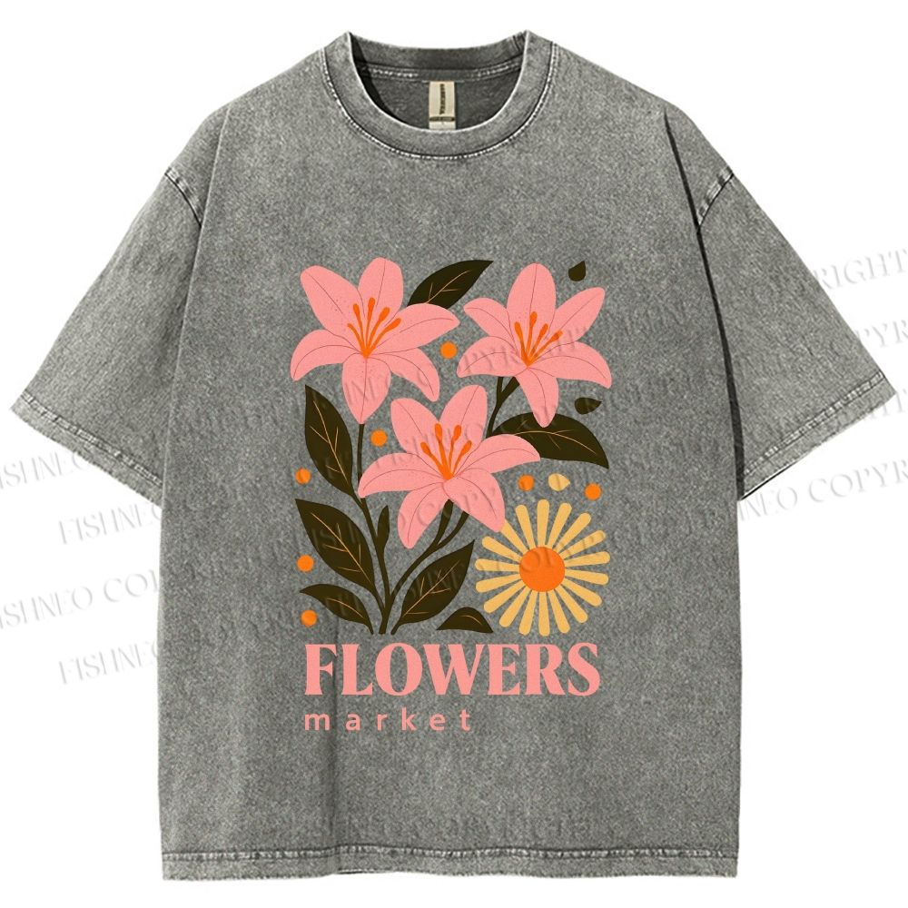Unisex Lily Flowers Market Printed Washed Tee