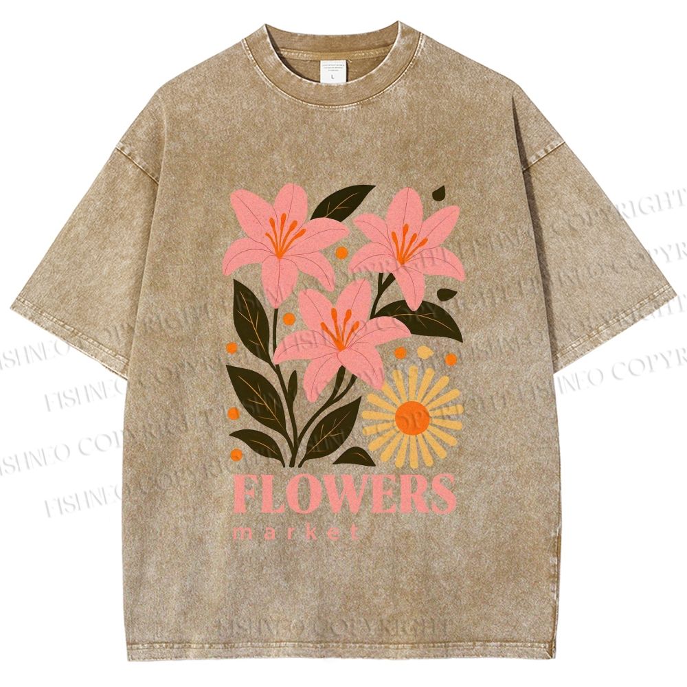 Unisex Lily Flowers Market Printed Washed Tee