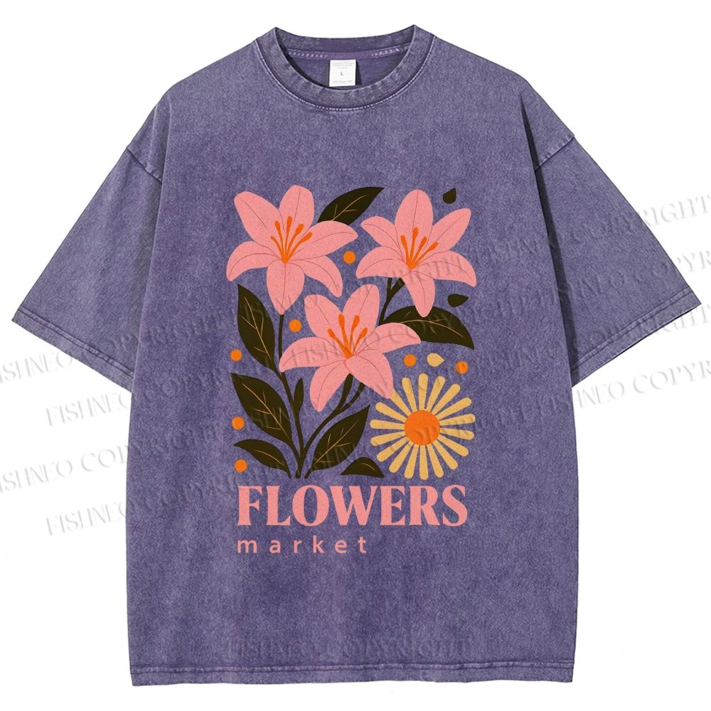 Unisex Lily Flowers Market Printed Washed Tee