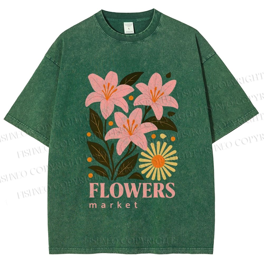 Unisex Lily Flowers Market Printed Washed Tee