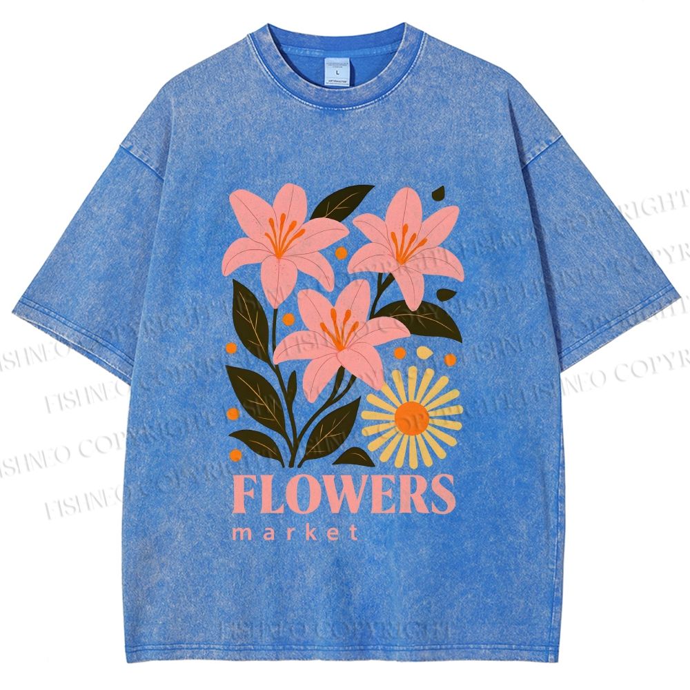 Unisex Lily Flowers Market Printed Washed Tee