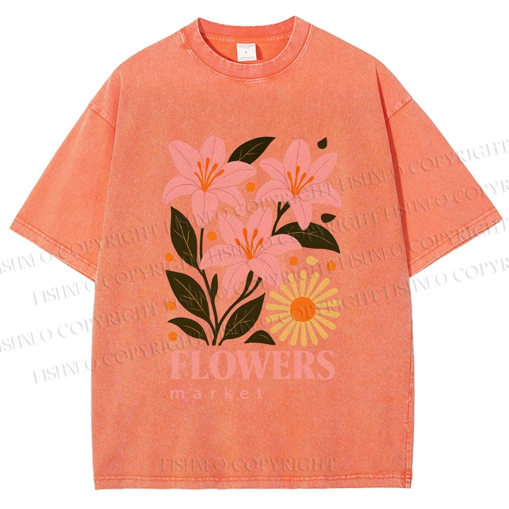 Unisex Lily Flowers Market Printed Washed Tee