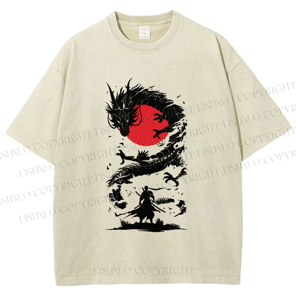 Unisex Red Sun Dragon Samurai Ink Printed Washed Tee