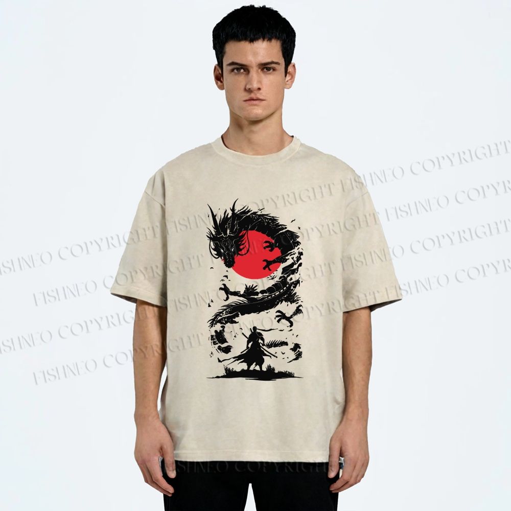 Unisex Red Sun Dragon Samurai Ink Printed Washed Tee