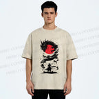 Unisex Red Sun Dragon Samurai Ink Printed Washed Tee