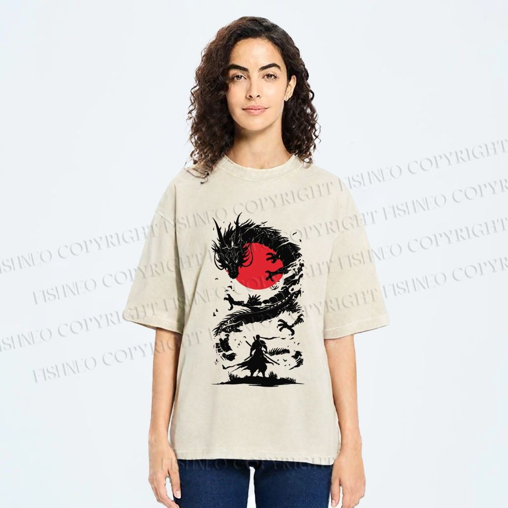 Unisex Red Sun Dragon Samurai Ink Printed Washed Tee
