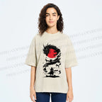 Unisex Red Sun Dragon Samurai Ink Printed Washed Tee