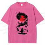 Unisex Red Sun Dragon Samurai Ink Printed Washed Tee
