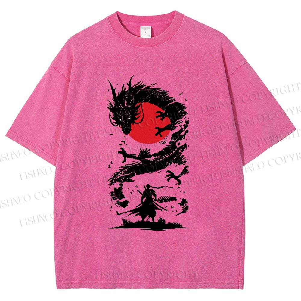 Unisex Red Sun Dragon Samurai Ink Printed Washed Tee