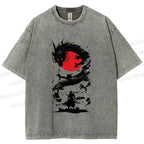 Unisex Red Sun Dragon Samurai Ink Printed Washed Tee
