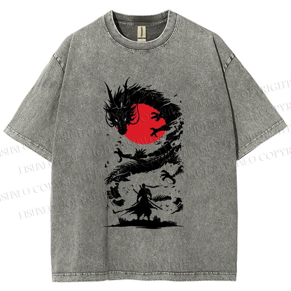 Unisex Red Sun Dragon Samurai Ink Printed Washed Tee