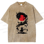 Unisex Red Sun Dragon Samurai Ink Printed Washed Tee