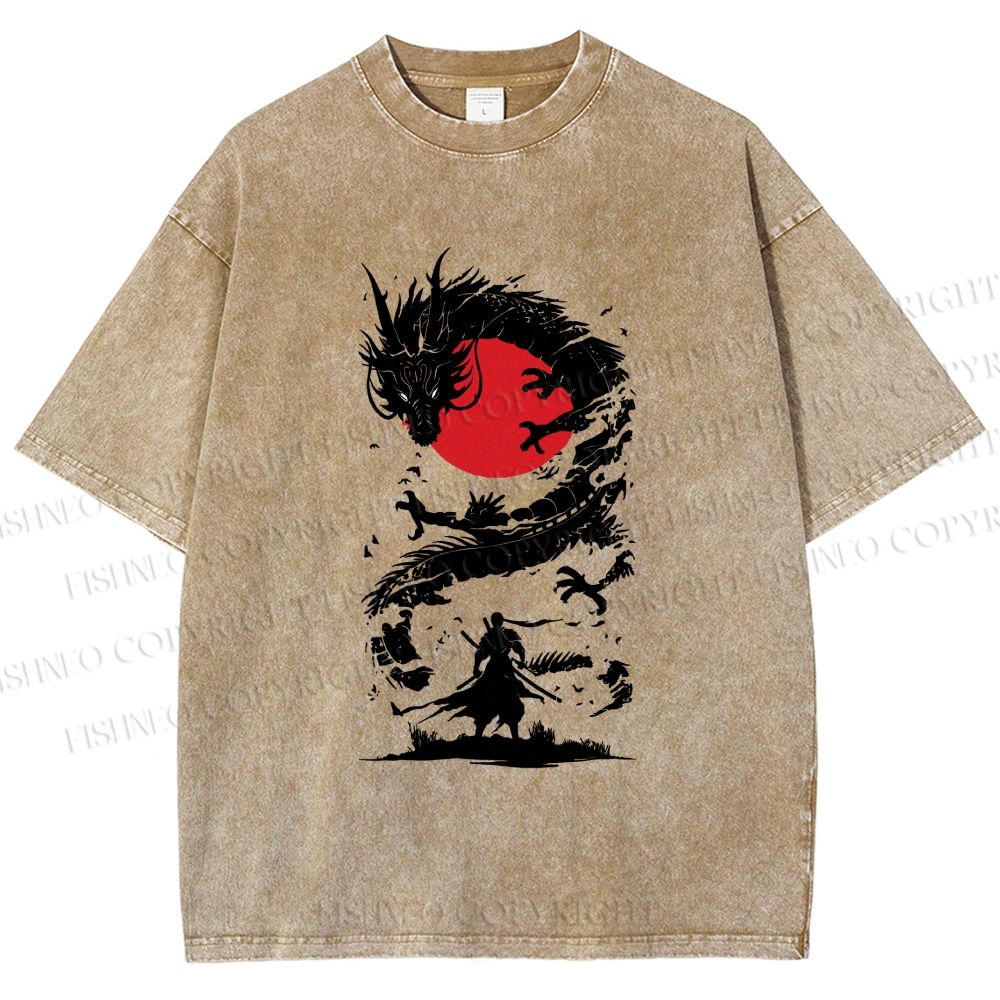 Unisex Red Sun Dragon Samurai Ink Printed Washed Tee