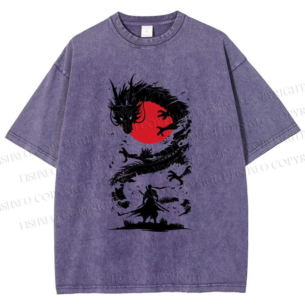Unisex Red Sun Dragon Samurai Ink Printed Washed Tee
