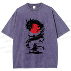 Unisex Red Sun Dragon Samurai Ink Printed Washed Tee