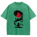 Unisex Red Sun Dragon Samurai Ink Printed Washed Tee