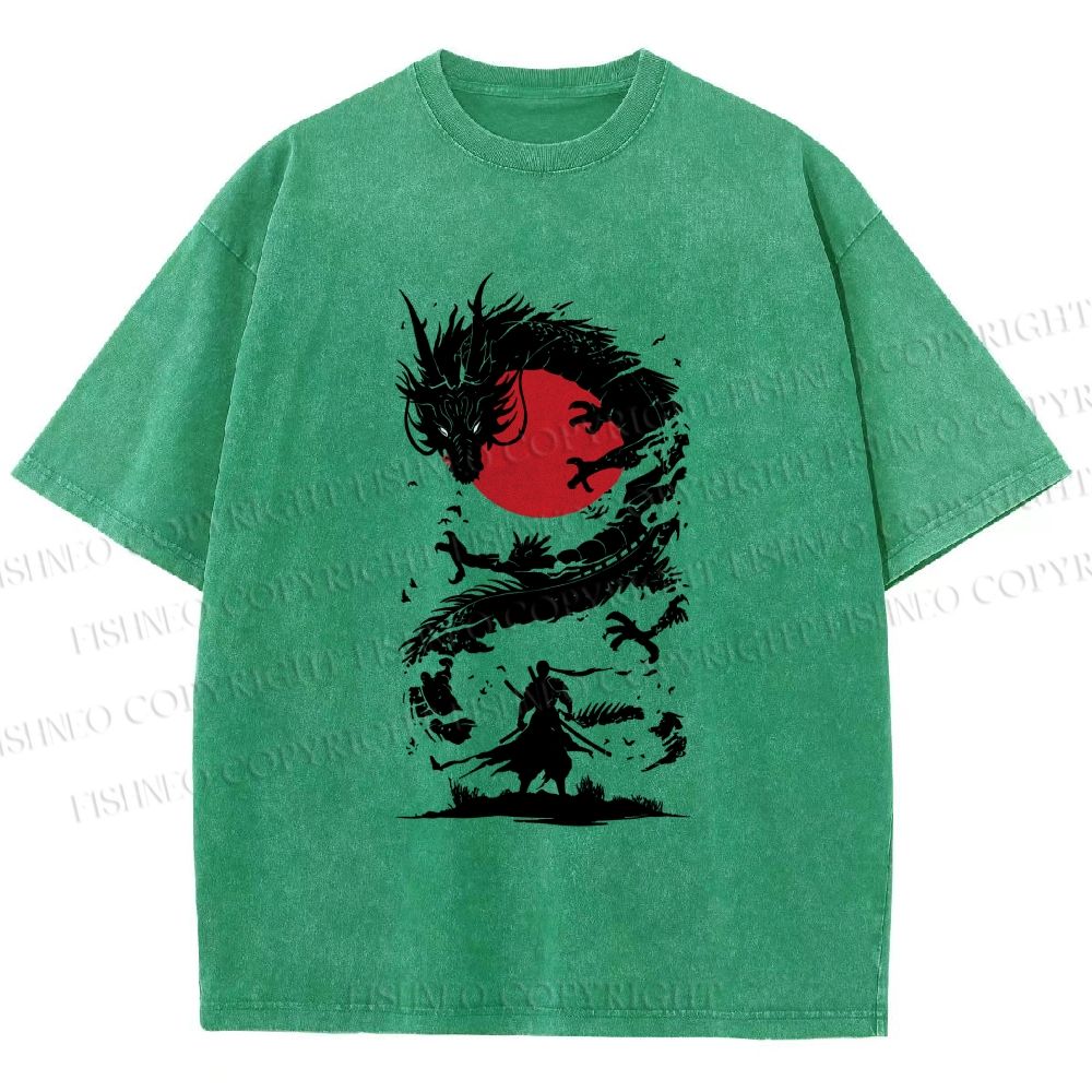 Unisex Red Sun Dragon Samurai Ink Printed Washed Tee