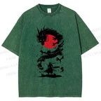 Unisex Red Sun Dragon Samurai Ink Printed Washed Tee