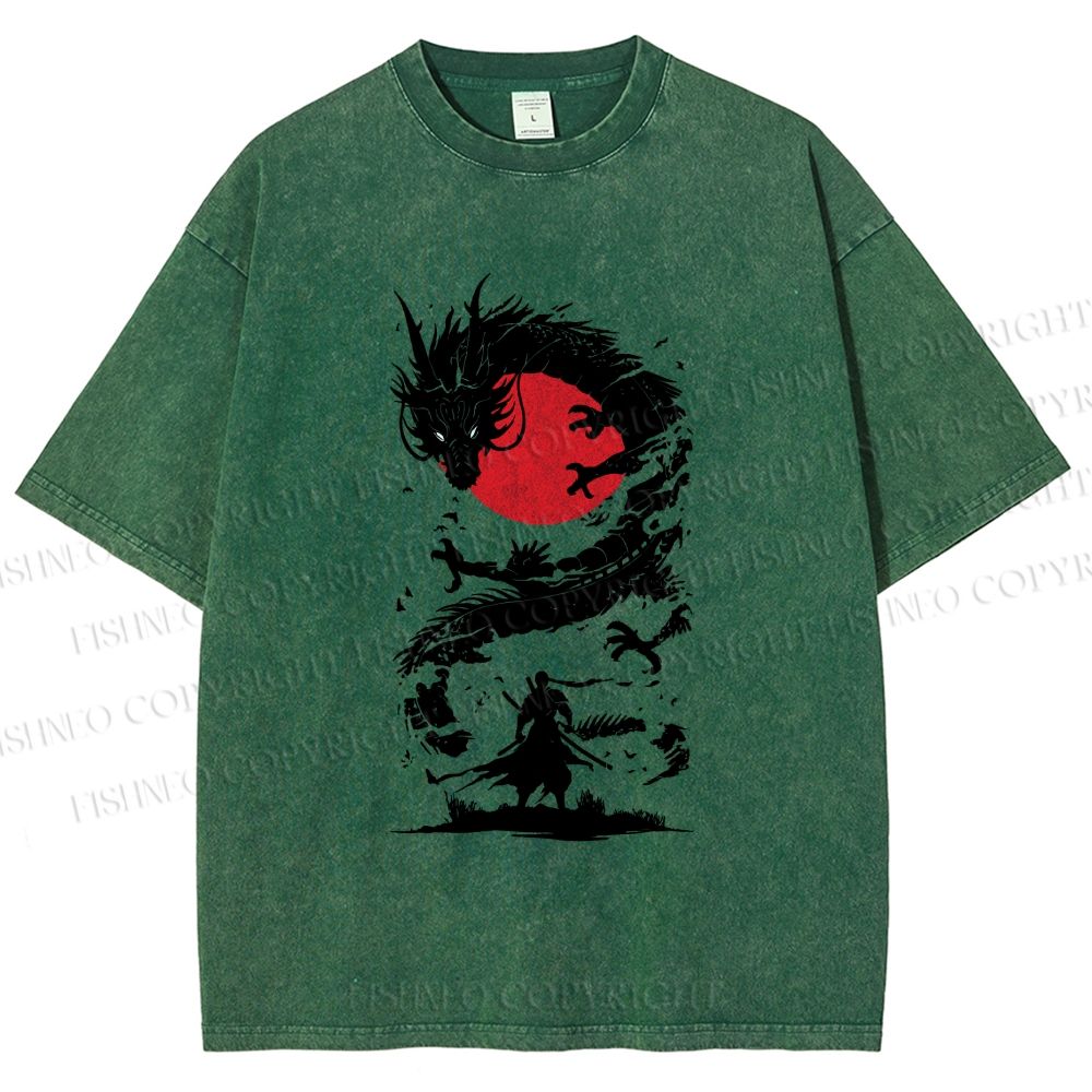 Unisex Red Sun Dragon Samurai Ink Printed Washed Tee