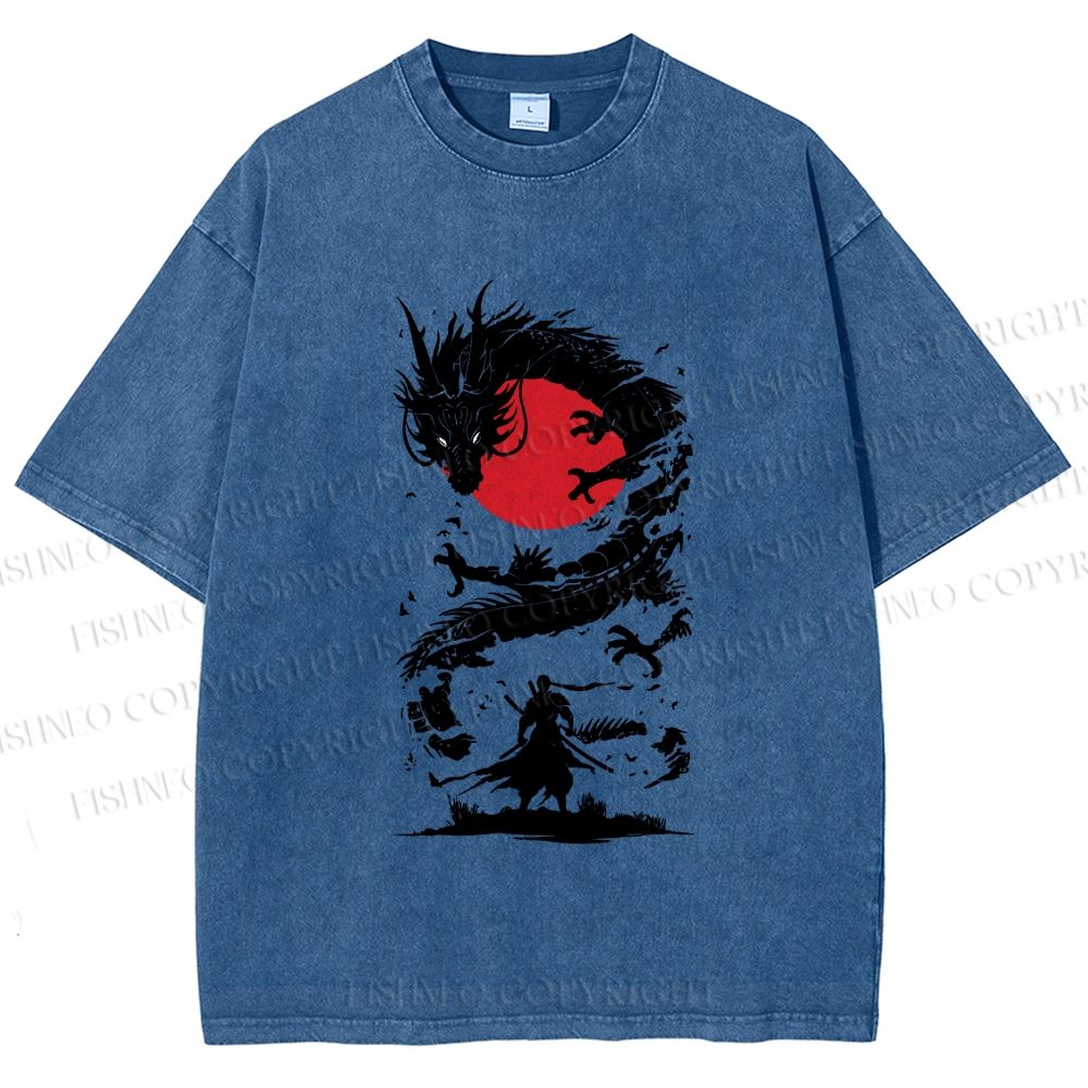 Unisex Red Sun Dragon Samurai Ink Printed Washed Tee