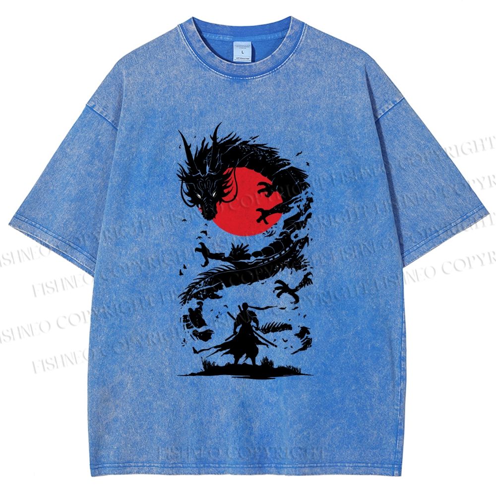 Unisex Red Sun Dragon Samurai Ink Printed Washed Tee