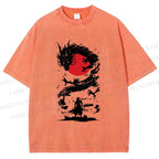 Unisex Red Sun Dragon Samurai Ink Printed Washed Tee