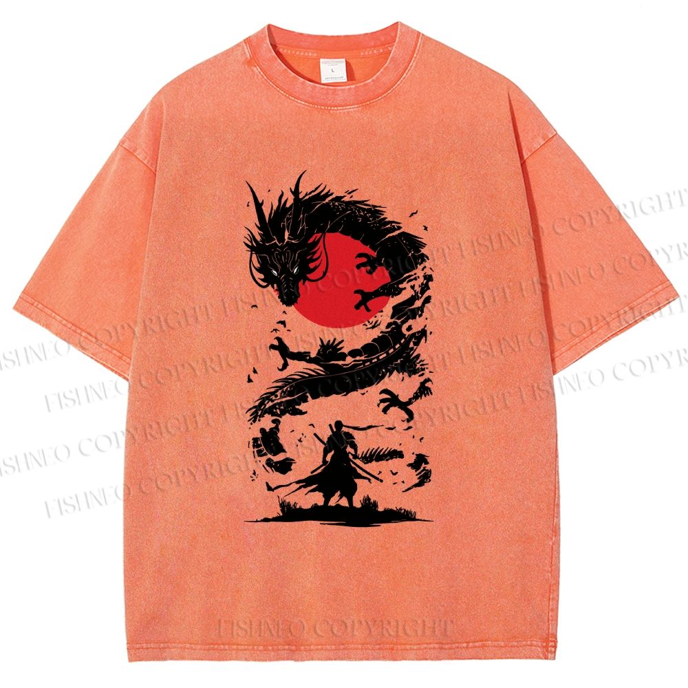 Unisex Red Sun Dragon Samurai Ink Printed Washed Tee