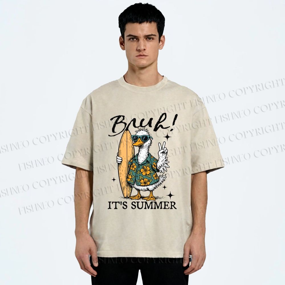 Unisex Bruh Summer Surf Duck Printed Washed Tee