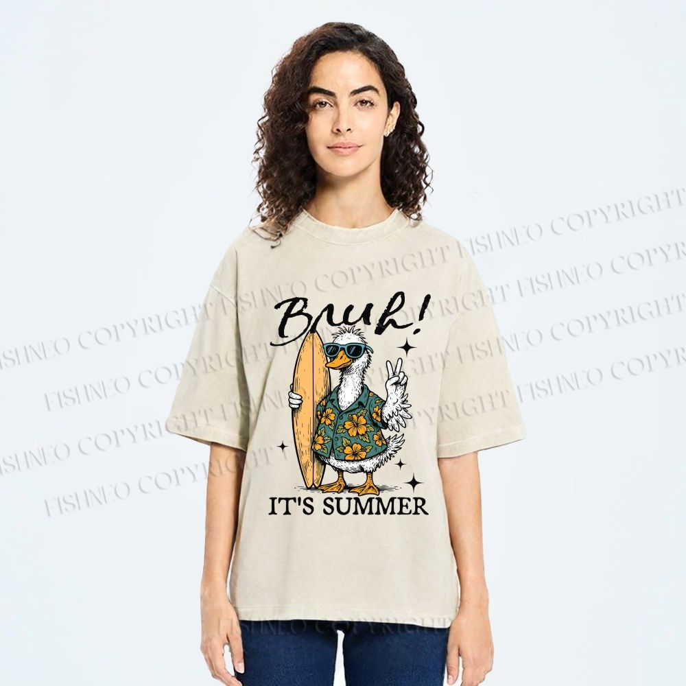 Unisex Bruh Summer Surf Duck Printed Washed Tee