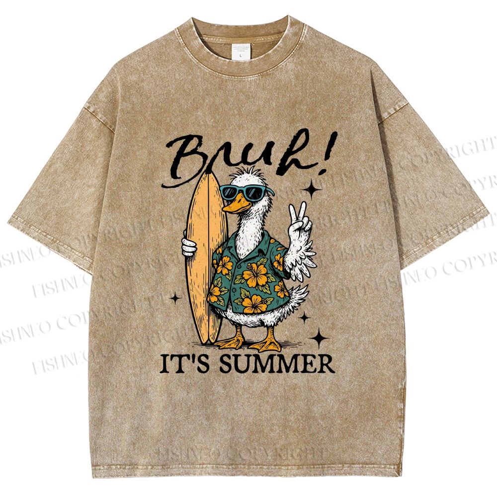Unisex Bruh Summer Surf Duck Printed Washed Tee